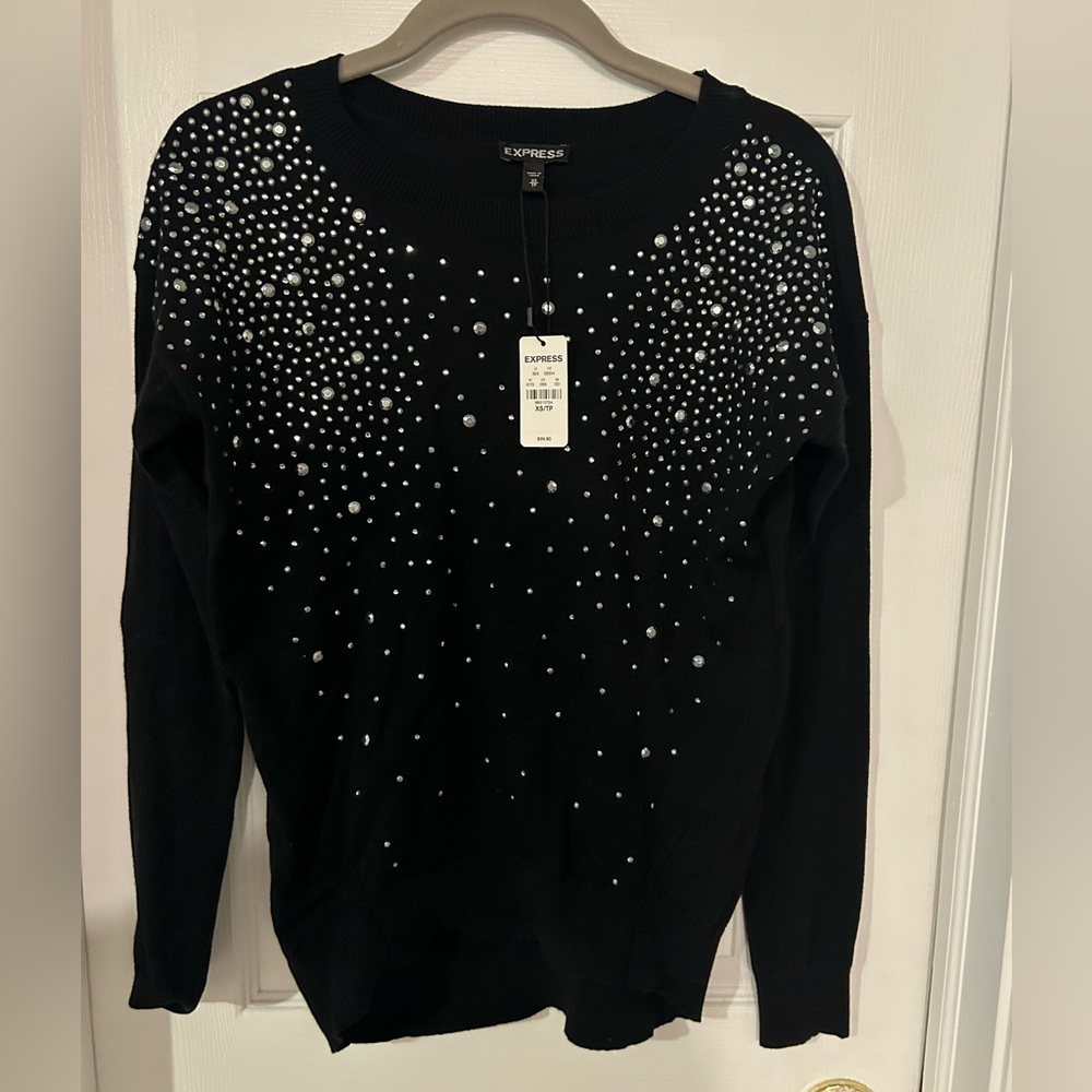 Express black long sleeve shirt with rhinestones. Size xs new with tags